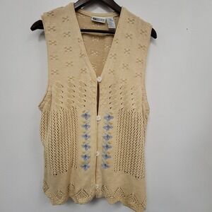 Vtg Russ Womens Button Up Cottagecore Knit Sweater Vest Size L V Neck Floral